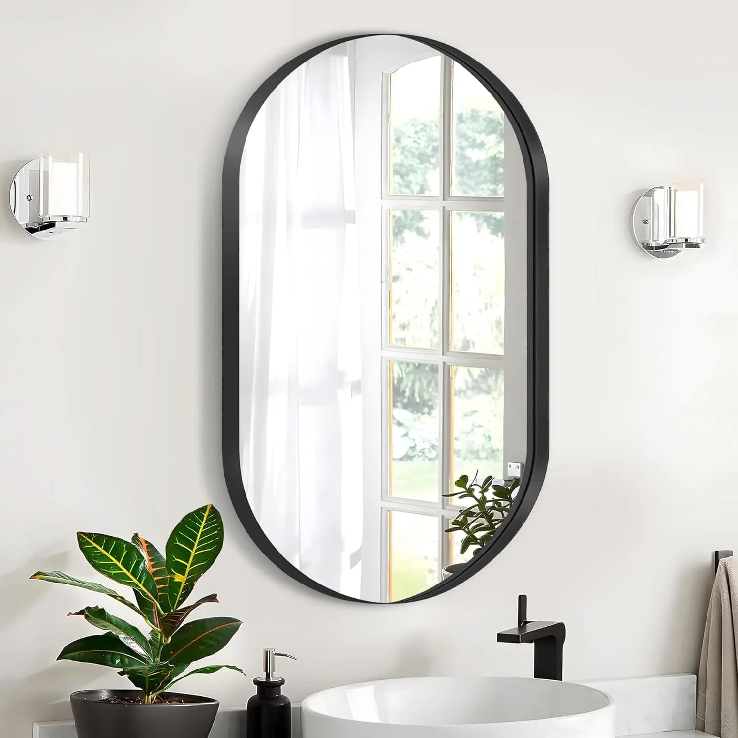 SDHYL 34x20 Inch Oval Bathroom Medicine Cabinet with Mirror | Recessed Wall Mount, Black Aluminum Frame - main product image