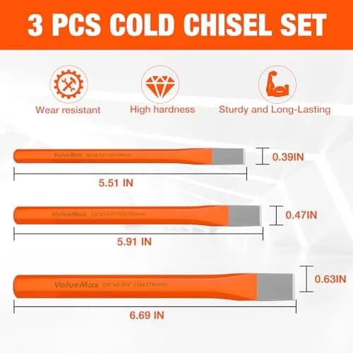 ValueMax 3-Piece Heavy-Duty Cold Chisel Set | Chrome Vanadium Steel, 3/8"-5/8" | Precision Metalworking Tools thumbnail 3