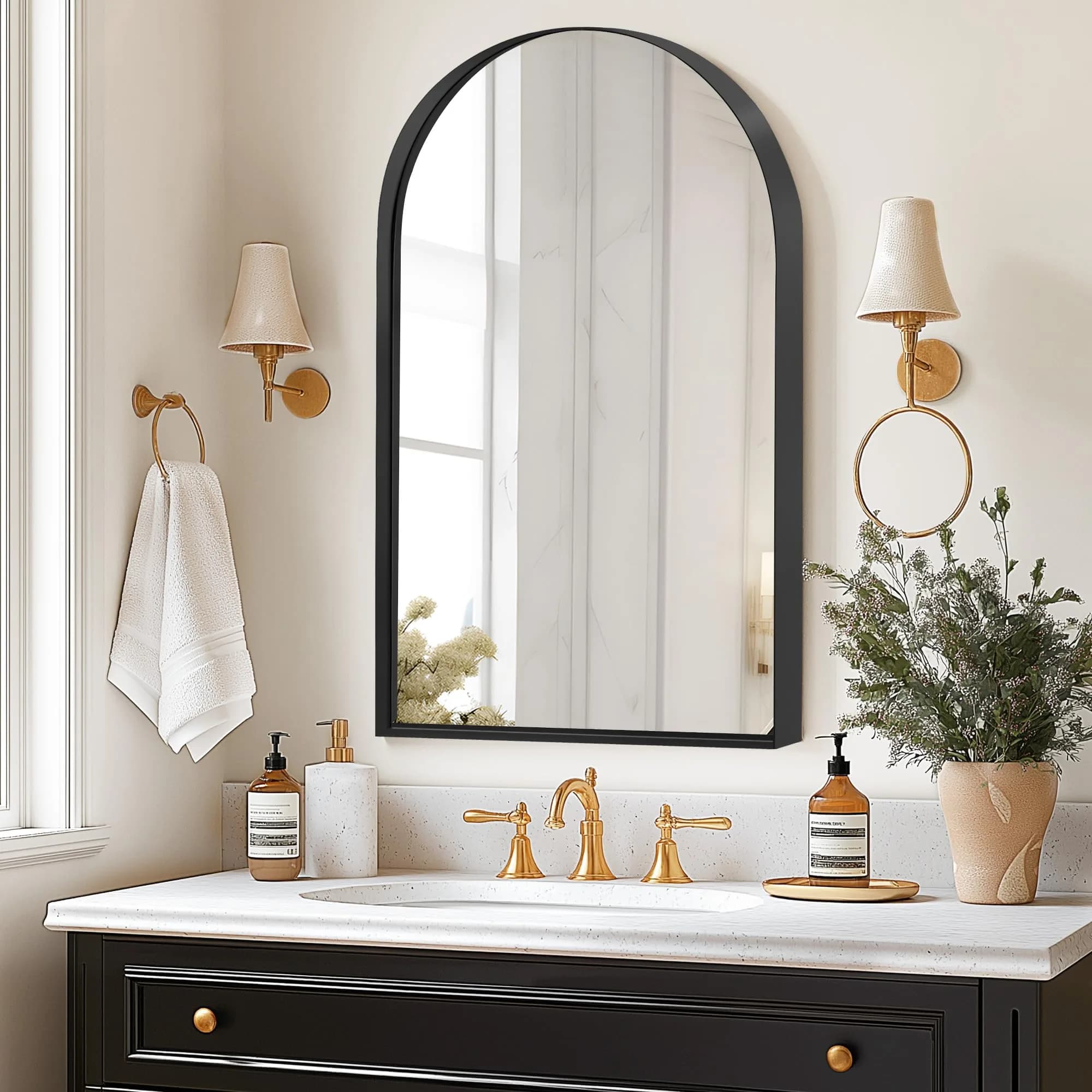 SDHYL 36x24 Inch Arched Bathroom Medicine Cabinet with Mirror Black | Recessed Wall Mount, Aluminum Frame