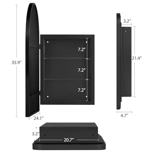 SDHYL 36x24 Inch Arched Bathroom Medicine Cabinet with Mirror Black | Recessed Wall Mount, Aluminum Frame thumbnail 7