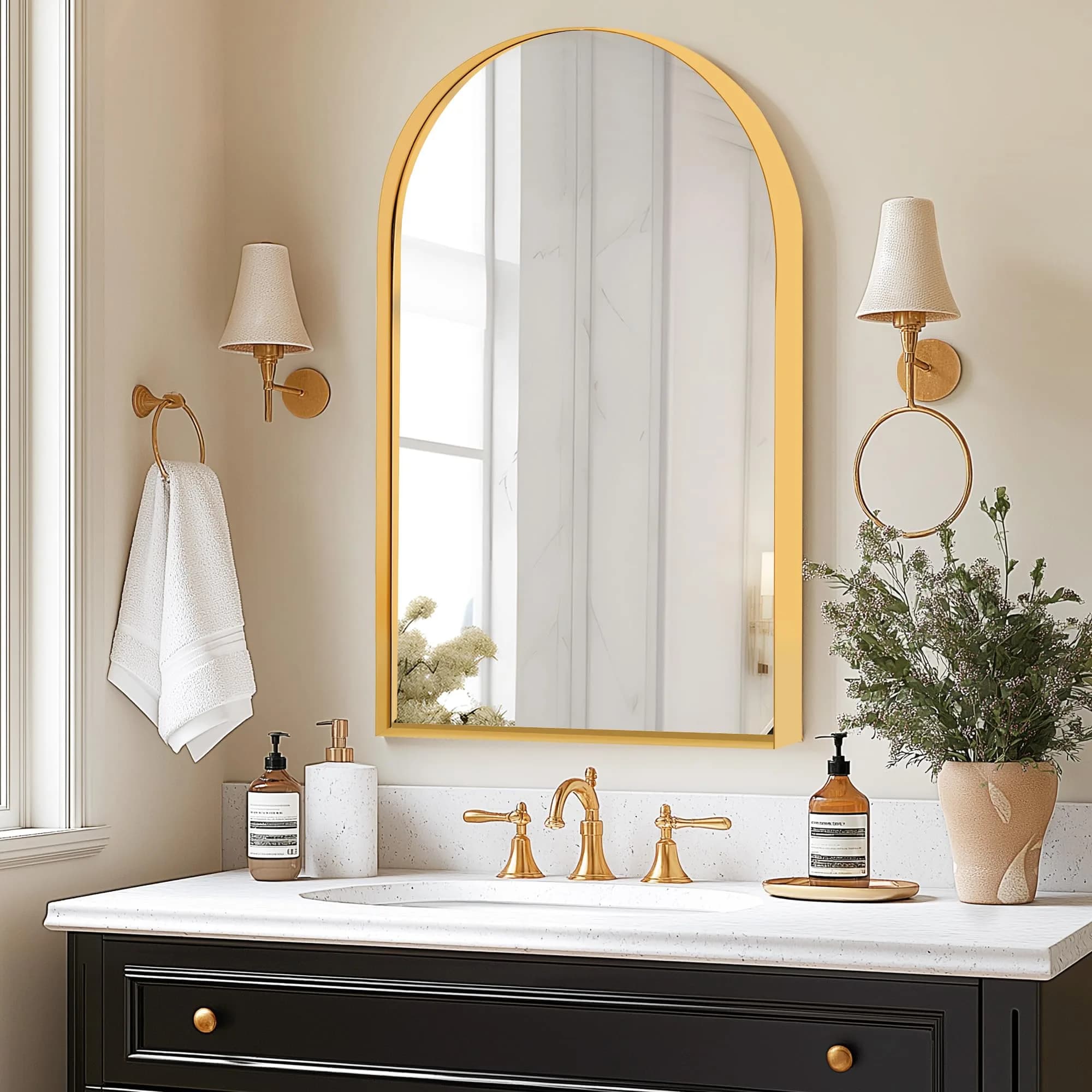 SDHYL Arched Bathroom Medicine Cabinet 36x24 inch | Gold Recessed Mirror with Deep Aluminum Frame