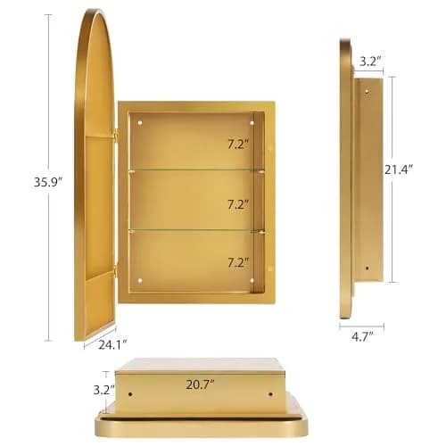 SDHYL Arched Bathroom Medicine Cabinet 36x24 inch | Gold Recessed Mirror with Deep Aluminum Frame thumbnail 7