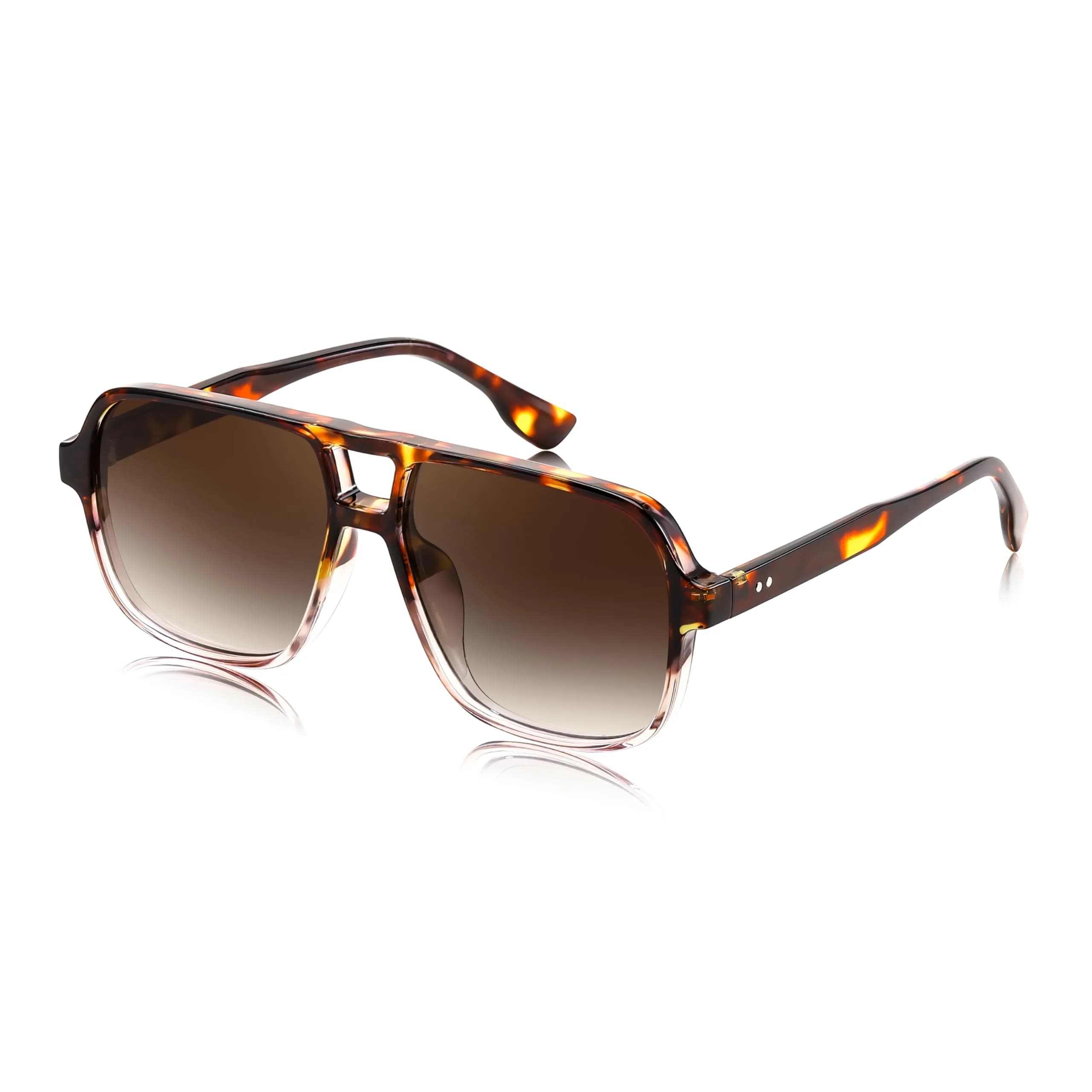FEISEDY Retro Square Aviator Sunglasses for Women & Men | UV400 Protection, Oversized Shades, 55MM — Leopard & Clear Frame/Gradual Tea Lens