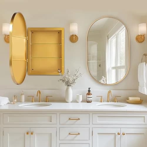 SDHYL Oval Bathroom Medicine Cabinet with Mirror 34x20 inch Wall Mount Beveled Edge Gold thumbnail 6
