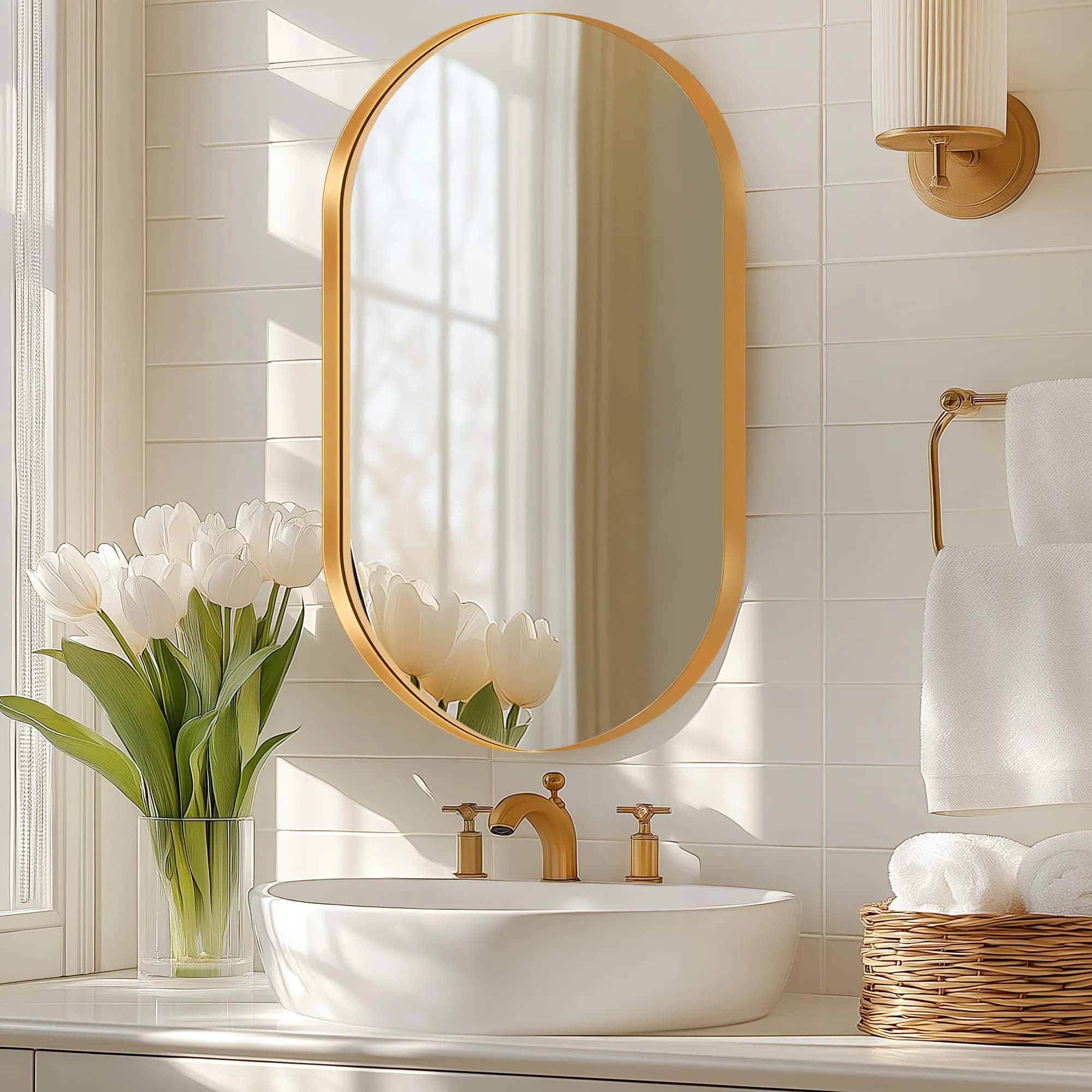 SDHYL Oval Bathroom Medicine Cabinet with Mirror 34x20 inch Wall Mount Beveled Edge Gold - main product image