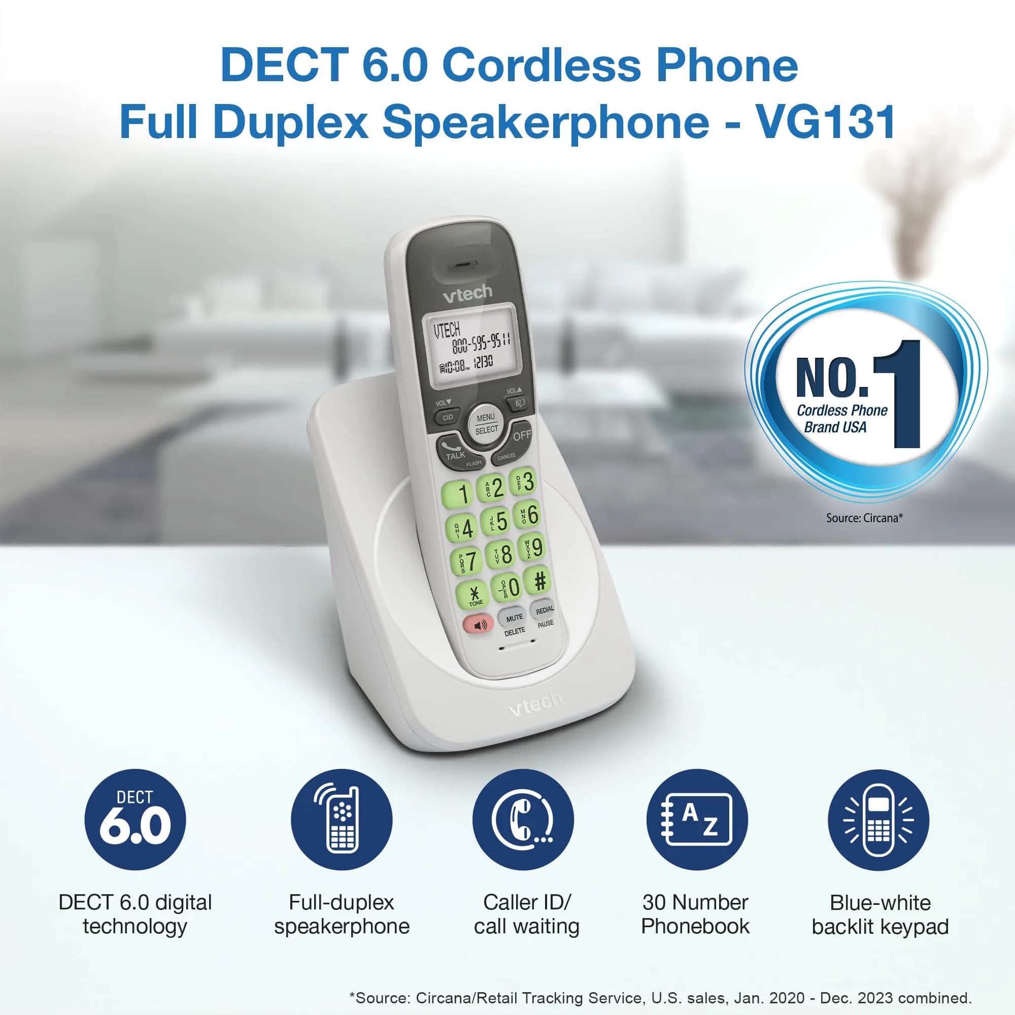VTech VG131 Cordless Phone with DECT 6.0, Full-Duplex Speakerphone, Lighted Display, Backlit Keypad, Caller ID, Wall Mount | 10.7 cm (4.2 in) Width - view 2