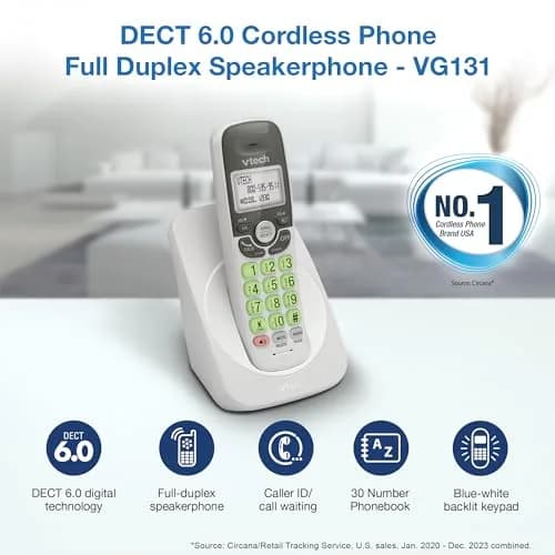 VTech VG131 Cordless Phone with DECT 6.0, Full-Duplex Speakerphone, Lighted Display, Backlit Keypad, Caller ID, Wall Mount | 10.7 cm (4.2 in) Width thumbnail 2