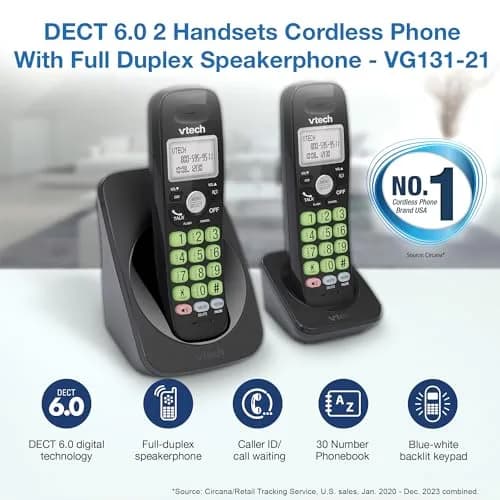 VTech VG131-21 Black Cordless Phone with 2 Handsets | DECT 6.0, Full-Duplex Speakerphone, Caller ID, Wall Mount thumbnail 2