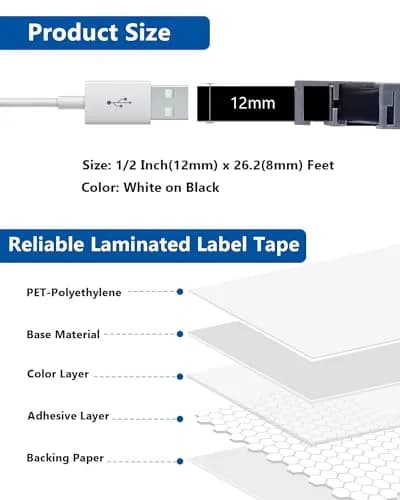 Labelwell TZe-335 Laminated White on Black Label Tape 12mm (0.47 Inch) 3-Pack | Compatible with Brother P Touch Label Makers thumbnail 2