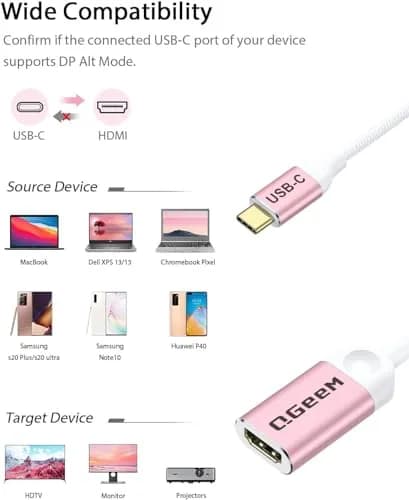 QGeeM USB C to HDMI Adapter, 4K Type C to HDMI Cable for Laptop Phone | Plug & Play, 30Hz, 4K@30Hz, Nylon Braided, Compact Design thumbnail 2