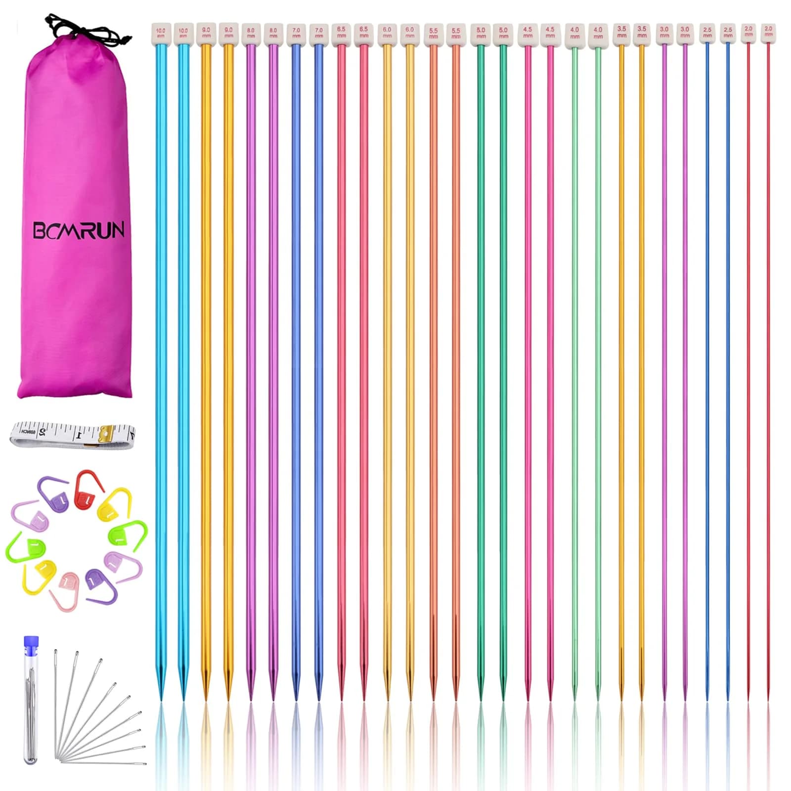 BCMRUN 28Pcs/14 Pairs Stainless Steel Knitting Needles Set, 2.0mm-10.0mm (0.079in-0.394in) | Assorted Colors, DIY Crafting — 25cm