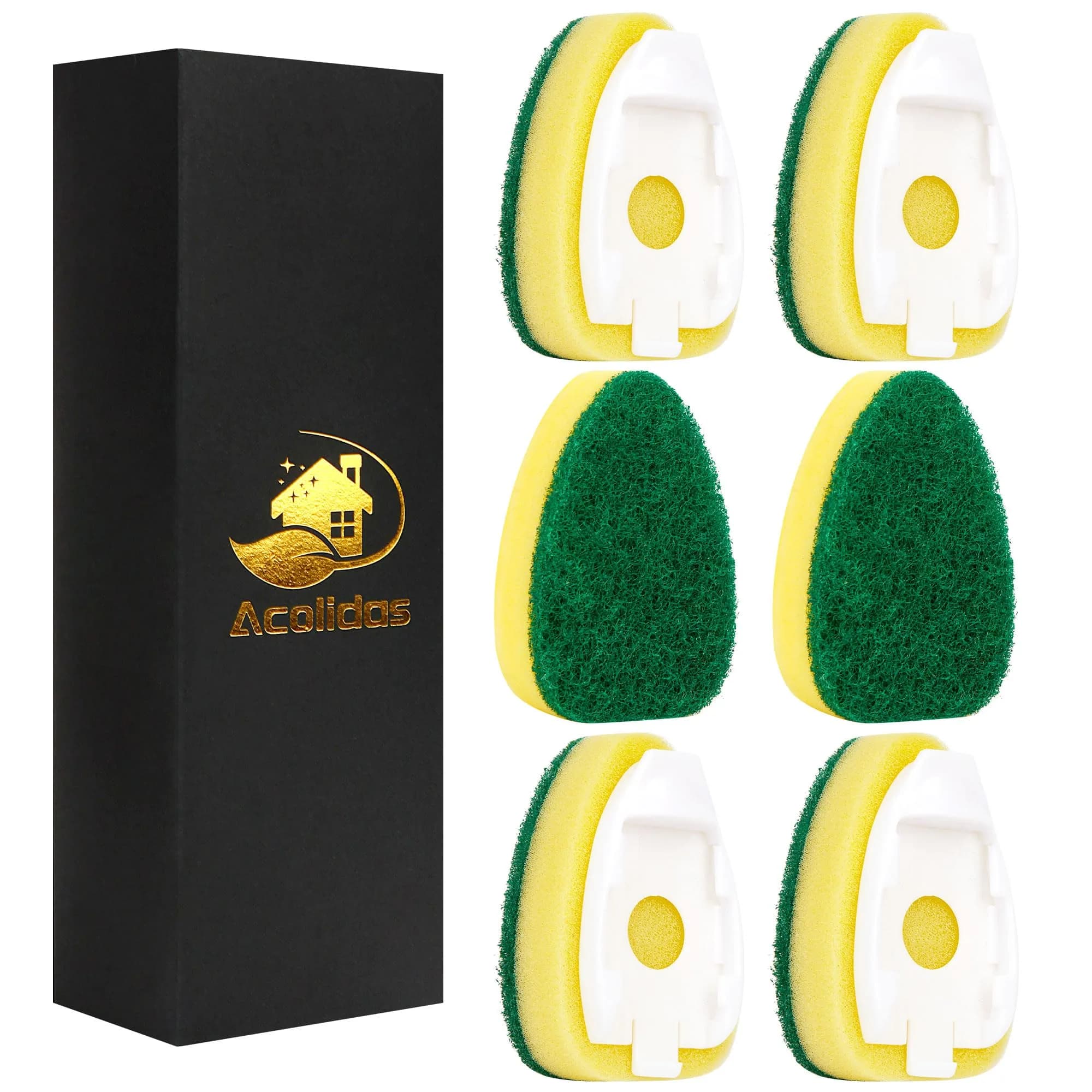 Acolidas Non Scratch Dishwand Refills 6 Pack | Durable, Scratch-Free Kitchen Sponge — Yellow & Green