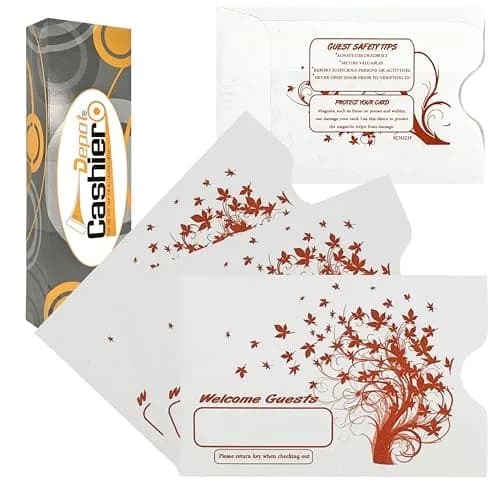 Cashier Depot Hotel Key Card Sleeves | White 24lb Paper, 2 3/8 x 3 1/2 Inches, Welcome Guest Message in Orange (2500 Count) thumbnail 1