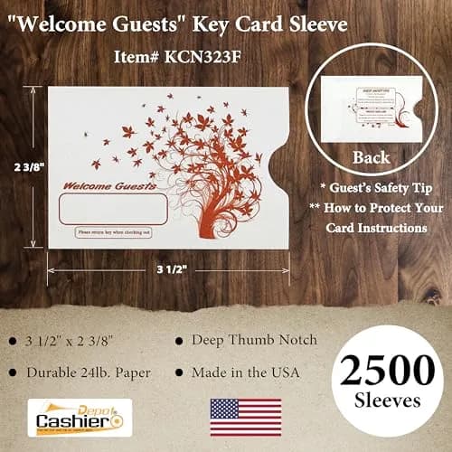 Cashier Depot Hotel Key Card Sleeves | White 24lb Paper, 2 3/8 x 3 1/2 Inches, Welcome Guest Message in Orange (2500 Count) thumbnail 2