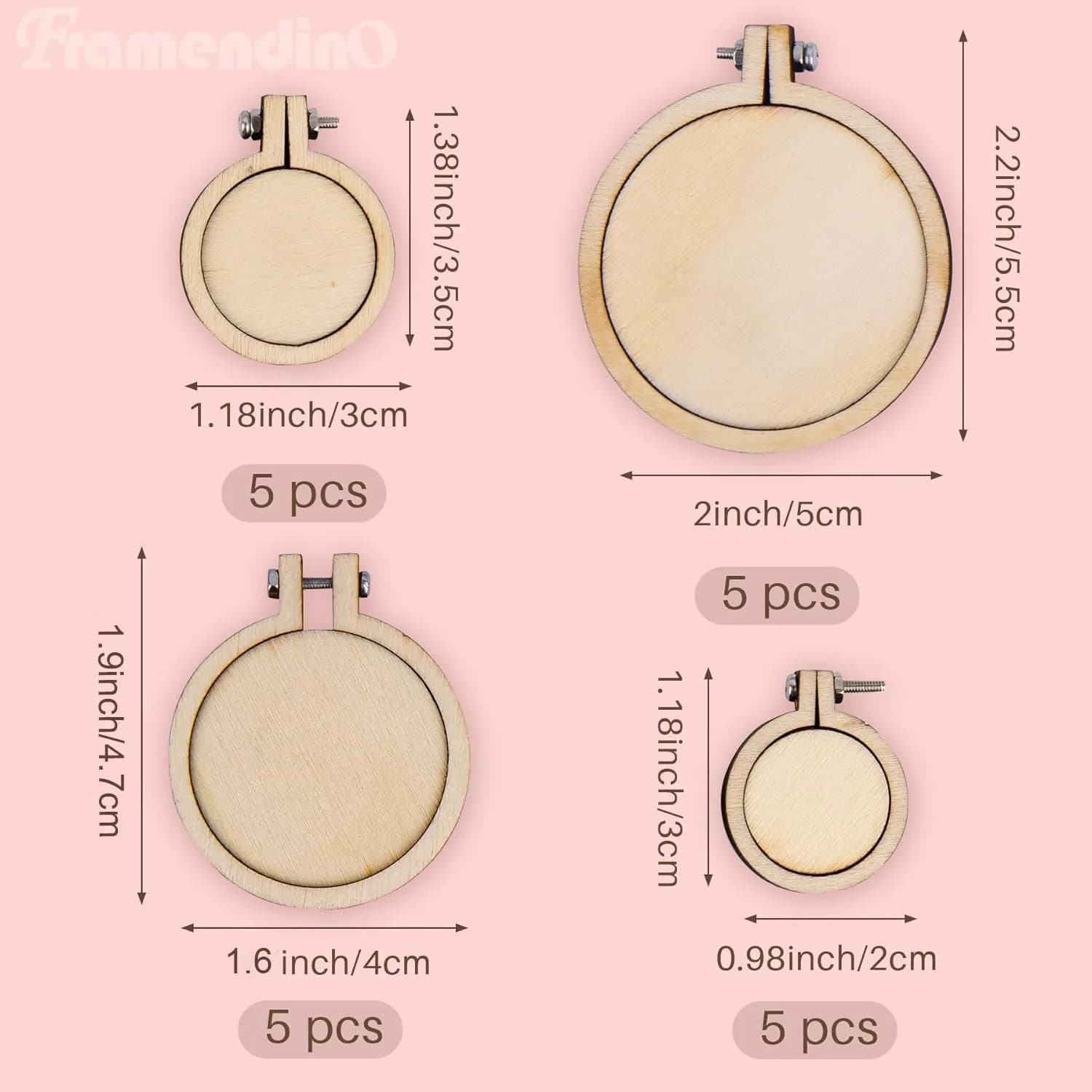 Framendino 20 Pack Mini Embroidery Hoops - 4 Sizes (1.18"x0.98" to 2.2"x1.6") for Crafts & Jewelry - view 2