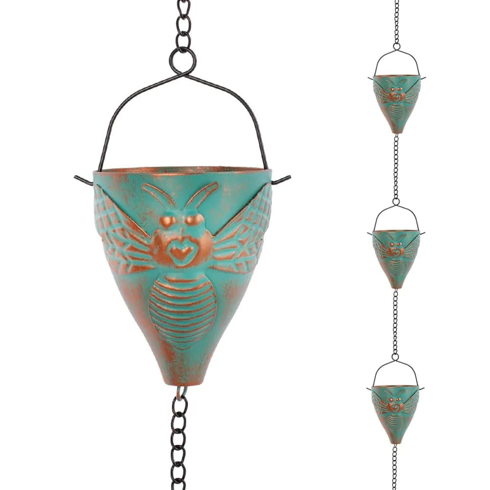 giole Bee Pattern Rain Chain 3.25 m (10.66 ft) | Decorative Metal Downspout Alternative — Cyan-Bee