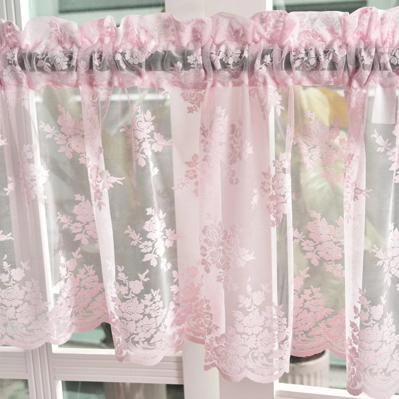 Kotile Pink Lace Valance for Windows Rustic Floral 46cm (18 Inch) Length | Light Filtering Sheer Curtain Panel