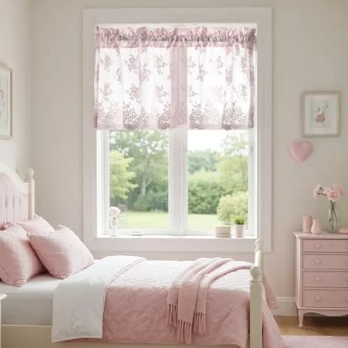 Kotile Pink Lace Valance for Windows Rustic Floral 46cm (18 Inch) Length | Light Filtering Sheer Curtain Panel thumbnail 5