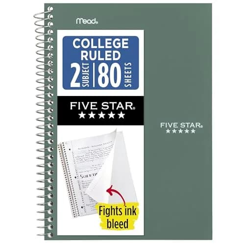 Five Star Spiral Notebook, 2 Subject, College Ruled, 6" x 9-1/2", 80 Sheets, Seaglass Green | Durable & Water-Resistant Notebook for Students - main product image