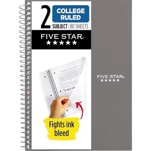 Five Star Spiral Notebook, 2 Subject, College Ruled, 6" x 9-1/2", 80 Sheets, Water Resistant Cover, Gray - main product image