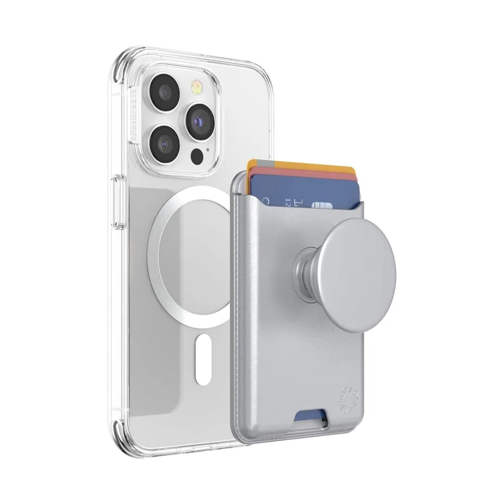PopSockets Phone Wallet for MagSafe with Grip- Silver | Slim Magnetic Wallet with Card Holder
