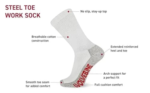 Wolverine Men's Steel Toe Cotton Durable Cushioning Boot Crew Socks, 2 Pair | Full Cushion, Reinforced Toe & Stay-Up Top thumbnail 2