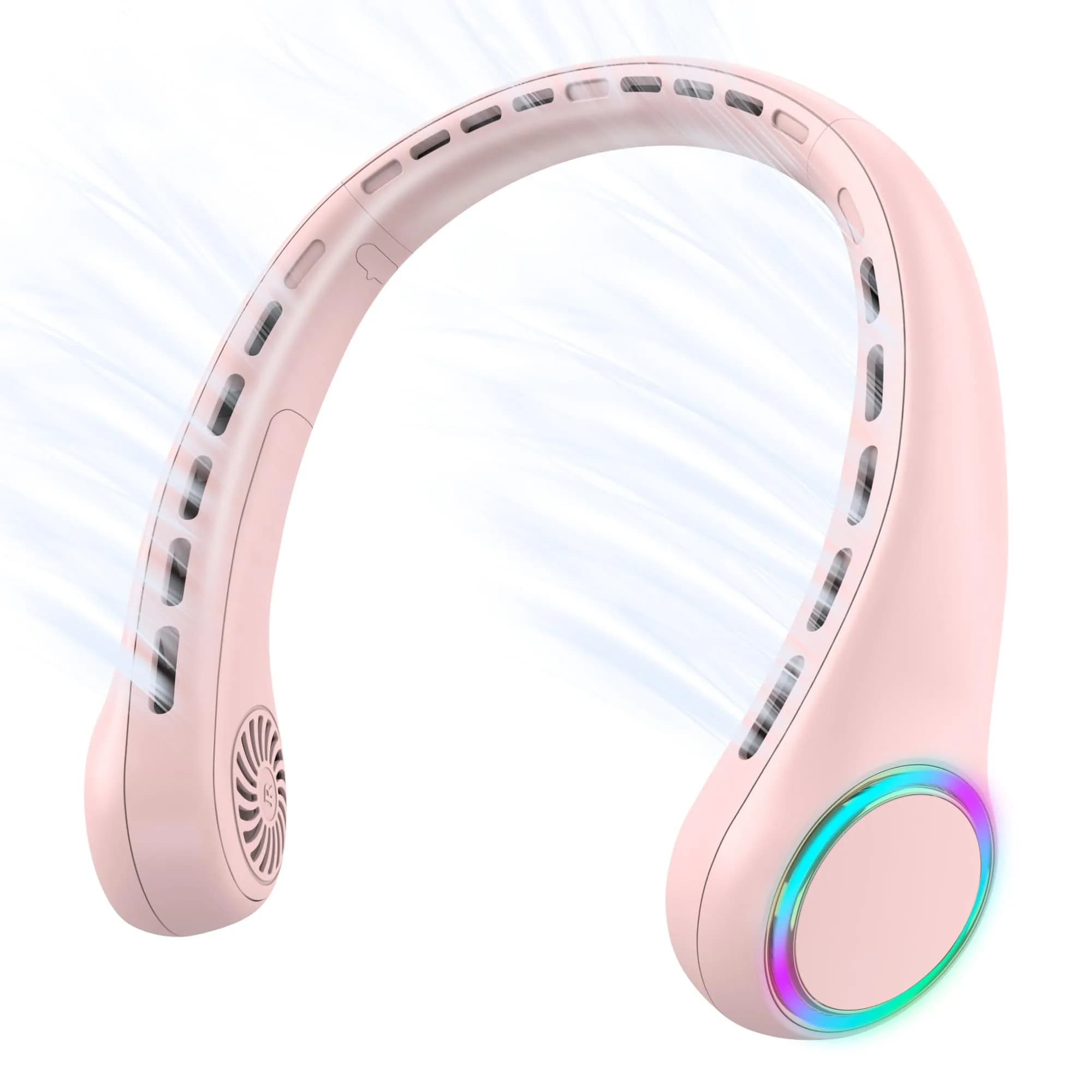 GULAKI Wearable Neck Fan with 4000mAh Battery & 64 Cool Lights | 3-Speed Rechargeable Personal Fan for Summer — Pink