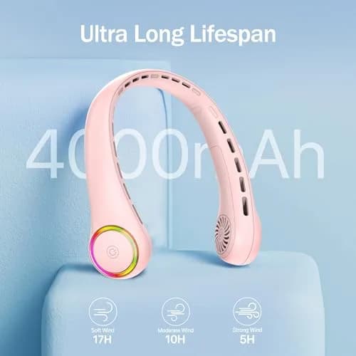 GULAKI Wearable Neck Fan with 4000mAh Battery & 64 Cool Lights | 3-Speed Rechargeable Personal Fan for Summer thumbnail 3
