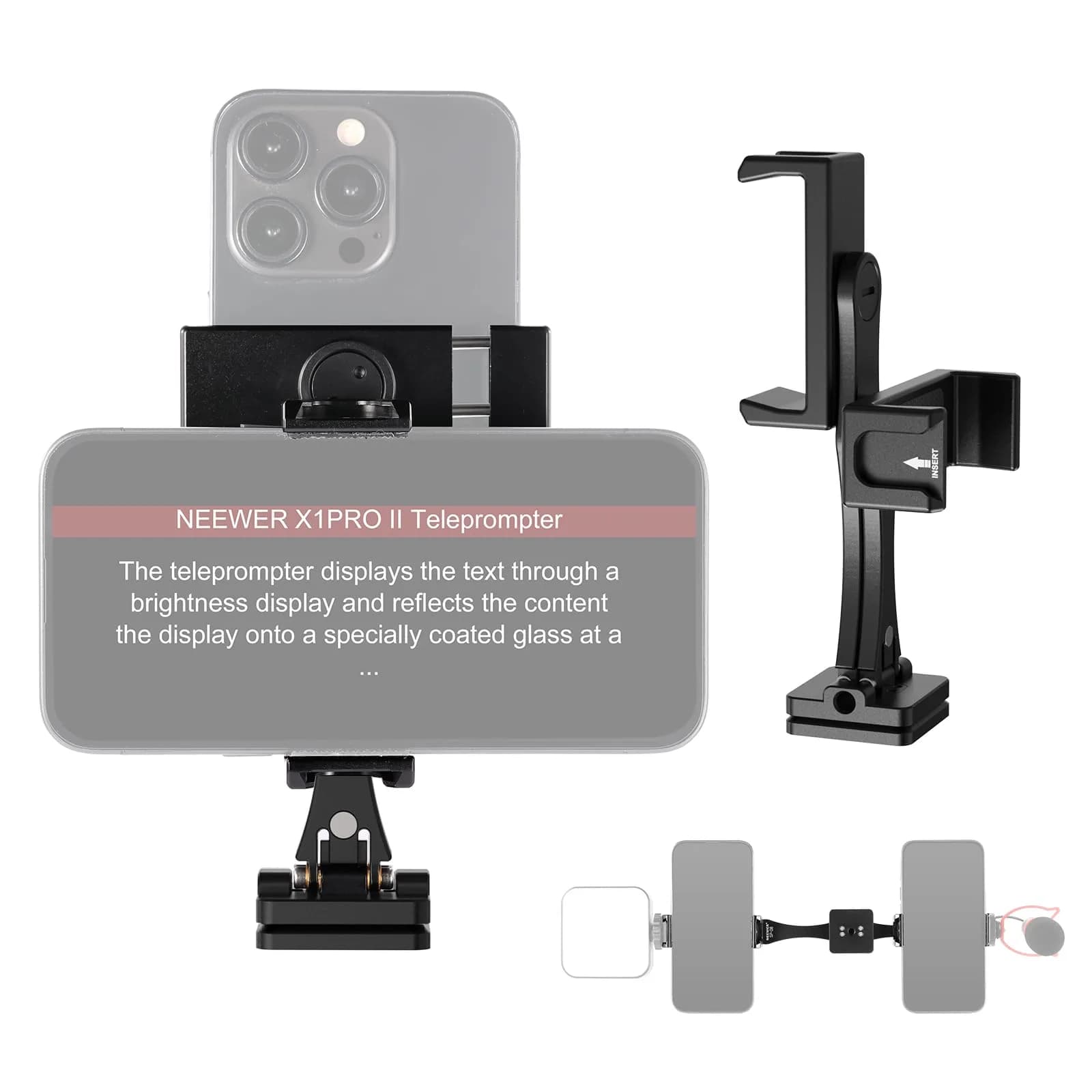 NEEWER Metal Phone Tripod Mount Adapter with Arca QR Base, 360° Rotatable Dual Cell Phone Clip Clamp Holder with 4 Cold Shoes Compatible with iPhone Samsung for Vlog Live Stream Video Recording — SP-08