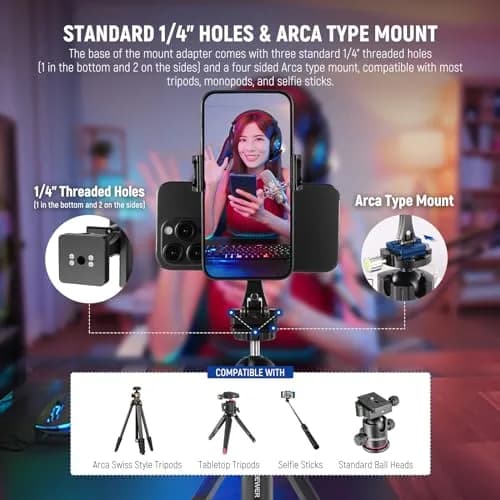 NEEWER Metal Phone Tripod Mount Adapter with Arca QR Base, 360° Rotatable Dual Cell Phone Clip Clamp Holder with 4 Cold Shoes Compatible with iPhone Samsung for Vlog Live Stream Video Recording thumbnail 5