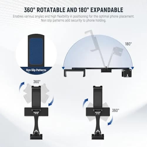 NEEWER Metal Phone Tripod Mount Adapter with Arca QR Base, 360° Rotatable Dual Cell Phone Clip Clamp Holder with 4 Cold Shoes Compatible with iPhone Samsung for Vlog Live Stream Video Recording thumbnail 6