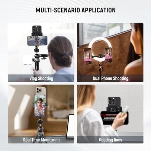 NEEWER Metal Phone Tripod Mount Adapter with Arca QR Base, 360° Rotatable Dual Cell Phone Clip Clamp Holder with 4 Cold Shoes Compatible with iPhone Samsung for Vlog Live Stream Video Recording thumbnail 2