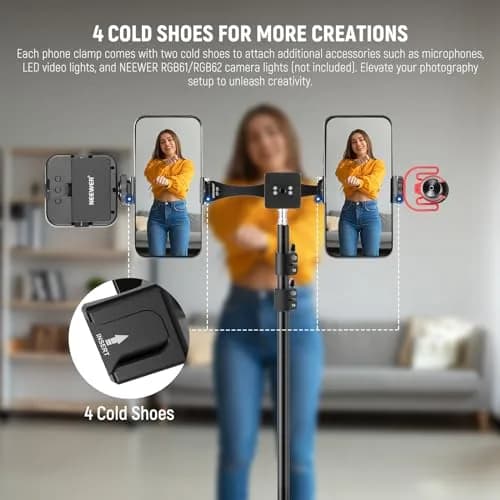 NEEWER Metal Phone Tripod Mount Adapter with Arca QR Base, 360° Rotatable Dual Cell Phone Clip Clamp Holder with 4 Cold Shoes Compatible with iPhone Samsung for Vlog Live Stream Video Recording thumbnail 3