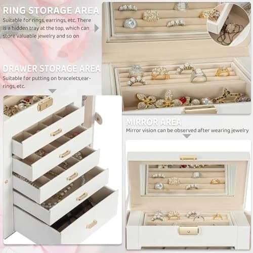 AKOZLIN 6-Tier Jewelry Box 165.1cm (65in) | Lockable Organizer with 5 Drawers & Mirror thumbnail 3