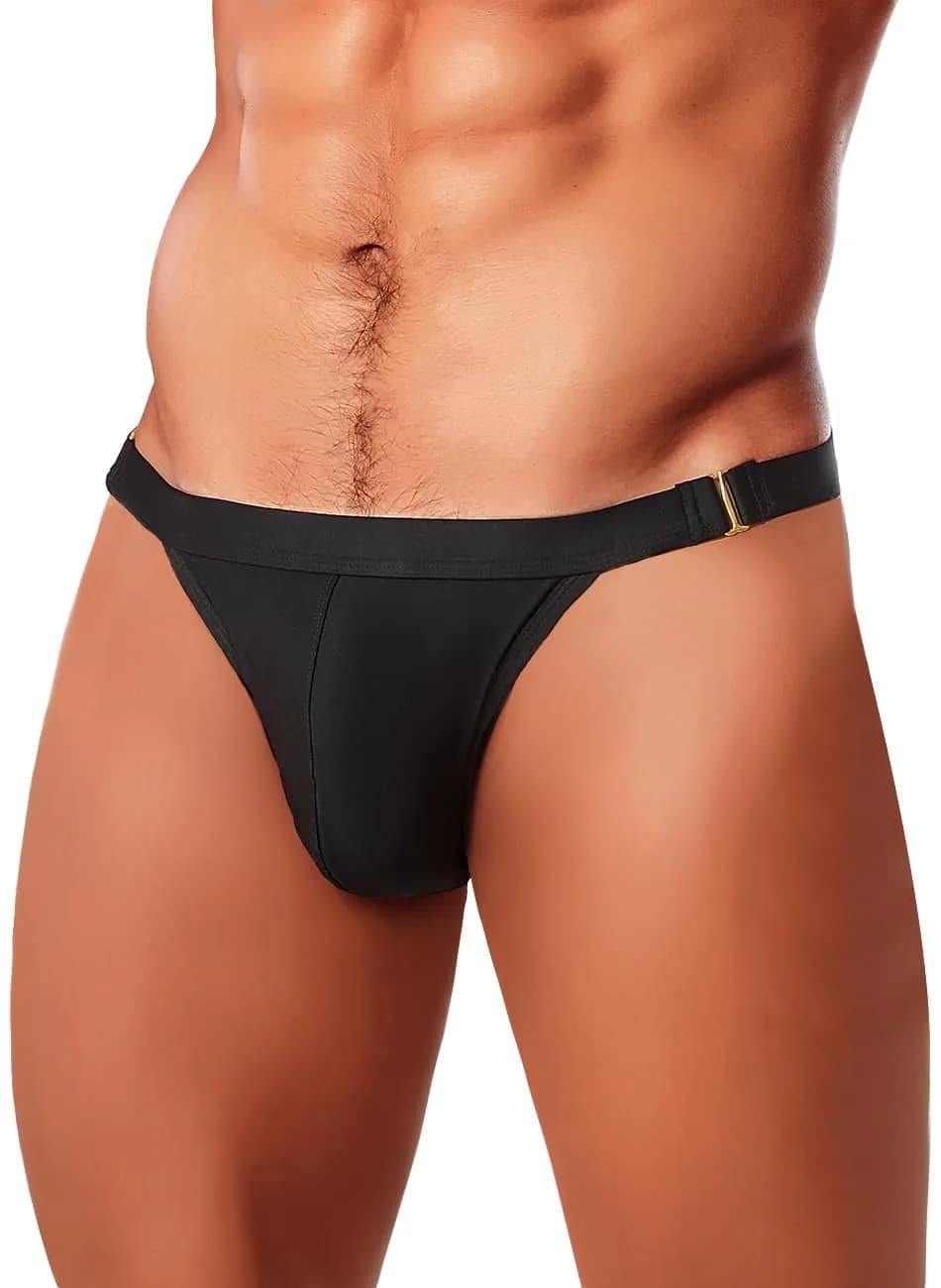 MIZOK Men's Sexy Solid Bikini Swimsuit 2.27kg (5lb) | Quick Dry Low Rise Swim Briefs with Metal Buckle Ring Black L