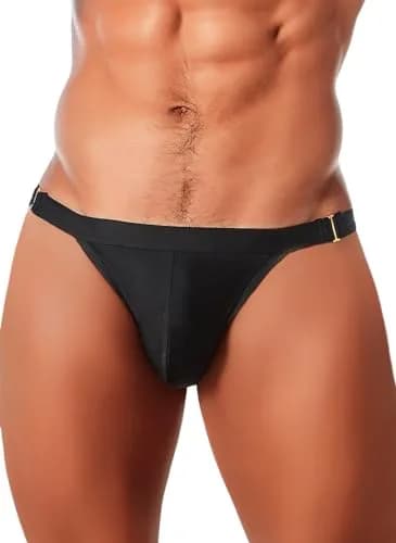 MIZOK Men's Sexy Solid Bikini Swimsuit 2.27kg (5lb) | Quick Dry Low Rise Swim Briefs with Metal Buckle Ring Black L thumbnail 2