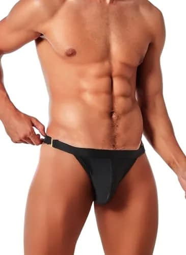 MIZOK Men's Sexy Solid Bikini Swimsuit 2.27kg (5lb) | Quick Dry Low Rise Swim Briefs with Metal Buckle Ring Black L thumbnail 4