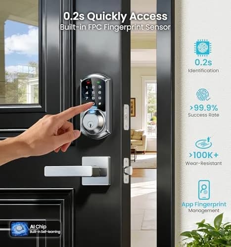 Veise VE07-L Fingerprint Smart Lock with Lever Handles Set, Satin Nickel | BHMA Grade 3 Certified, 8-in-1 Keyless Entry thumbnail 4