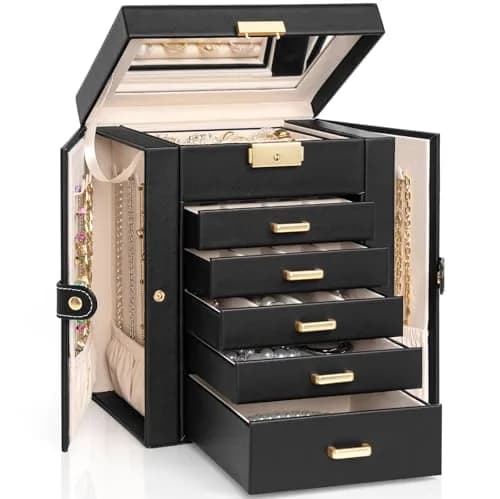 AKOZLIN 6-Tier Jewelry Box with 5 Drawers & Mirror | Lockable Black Leather Organizer for Rings, Necklaces, Bracelets thumbnail 1