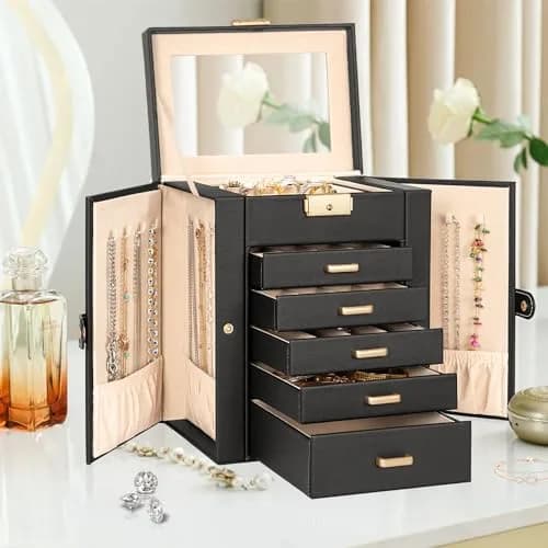 AKOZLIN 6-Tier Jewelry Box with 5 Drawers & Mirror | Lockable Black Leather Organizer for Rings, Necklaces, Bracelets thumbnail 8