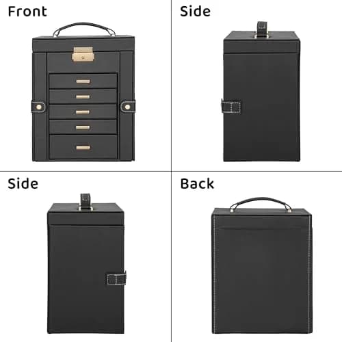 AKOZLIN 6-Tier Jewelry Box with 5 Drawers & Mirror | Lockable Black Leather Organizer for Rings, Necklaces, Bracelets thumbnail 3