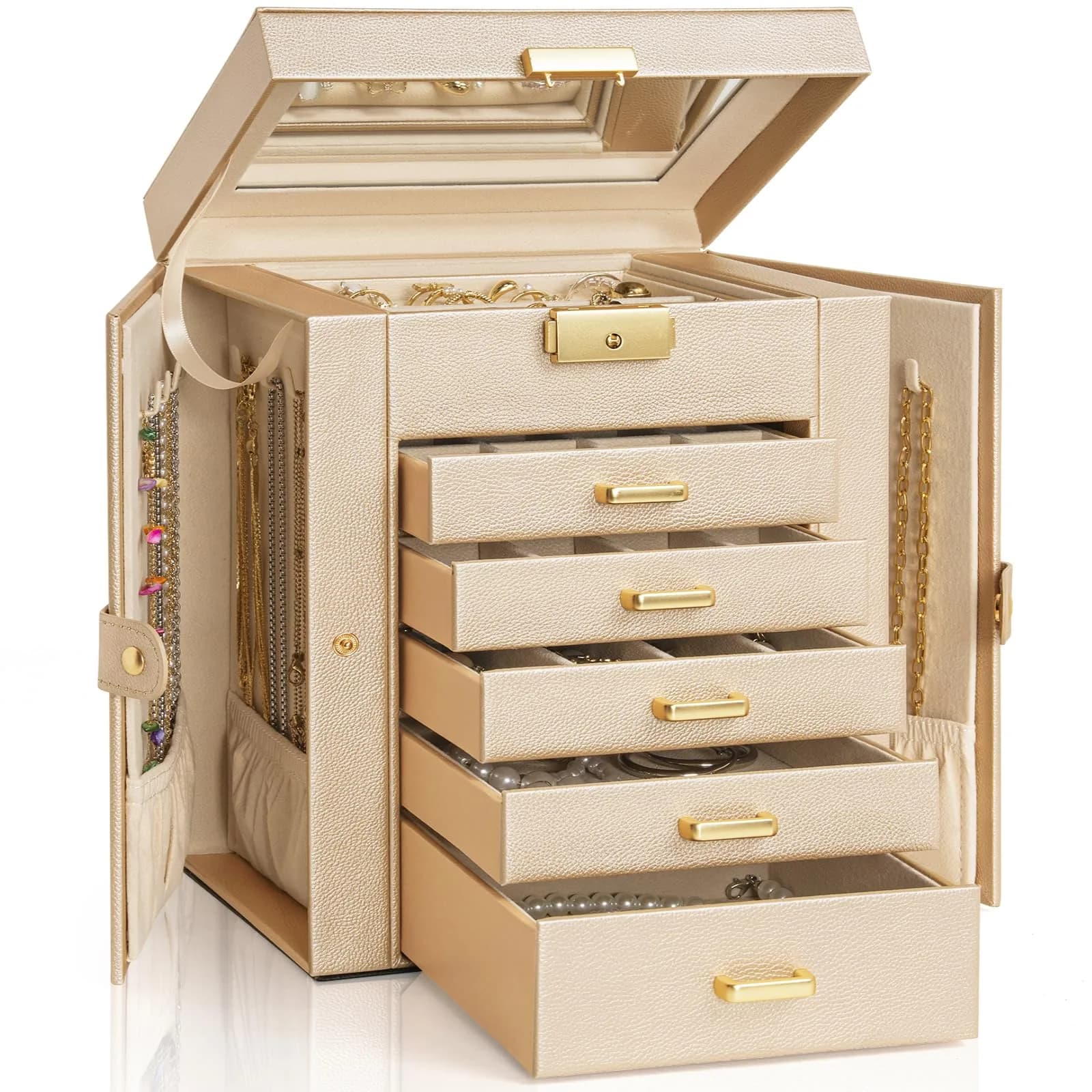 AKOZLIN 6-Tier Jewelry Box with 5 Drawers & Mirror | 2.71 kg (5.9"D x 8.3"W x 10.3"H) Champagne-Gold — Champagne-gold