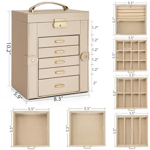 AKOZLIN 6-Tier Jewelry Box with 5 Drawers & Mirror | 2.71 kg (5.9"D x 8.3"W x 10.3"H) Champagne-Gold thumbnail 2