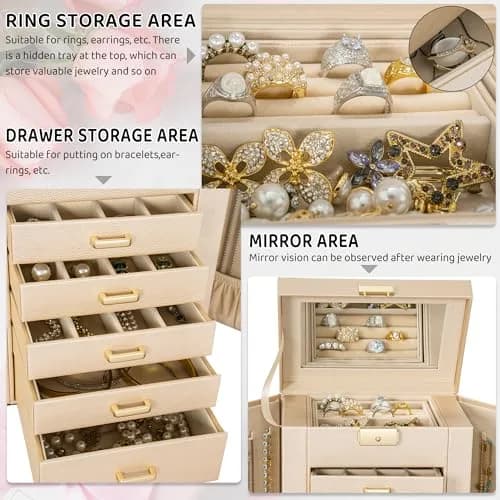 AKOZLIN 6-Tier Jewelry Box with 5 Drawers & Mirror | 2.71 kg (5.9"D x 8.3"W x 10.3"H) Champagne-Gold thumbnail 3