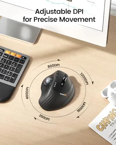 ProtoArc EM01 NL Wireless Trackball Mouse, Rechargeable Thumb Control, Gray | Ergonomic Design with Adjustable Angle & 3-Device Connectivity thumbnail 5
