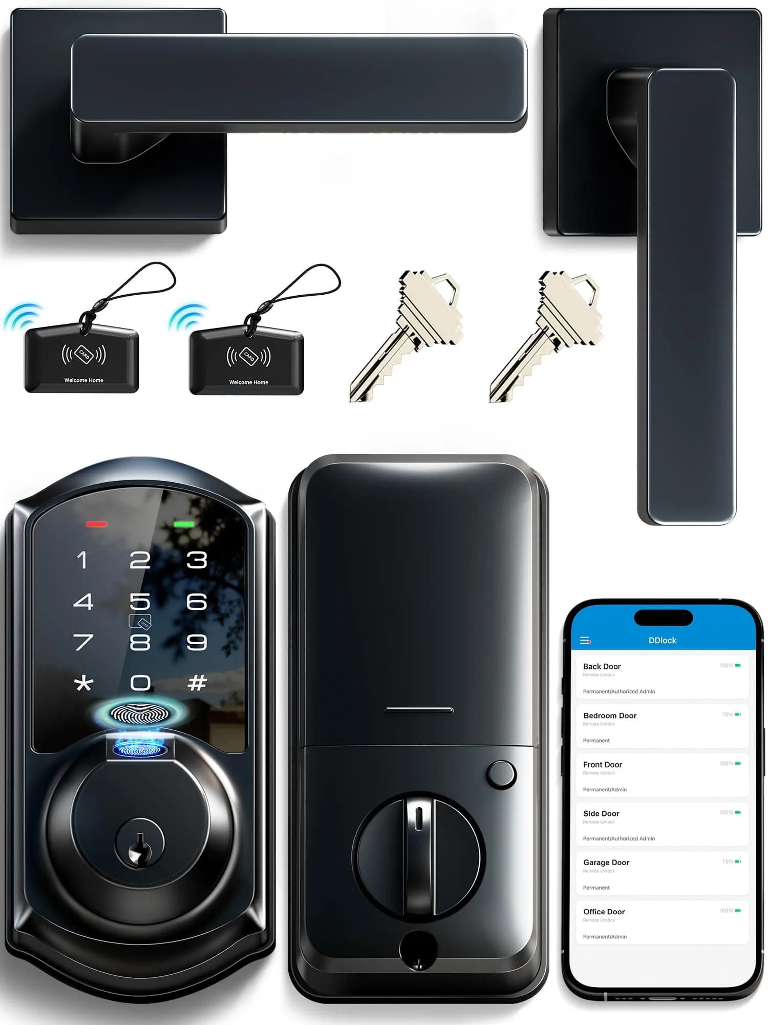 Veise VE07-L Fingerprint Smart Lock with Lever Handles Set, Matte Black | 8-in-1 Keyless Entry for Front Door - main product image