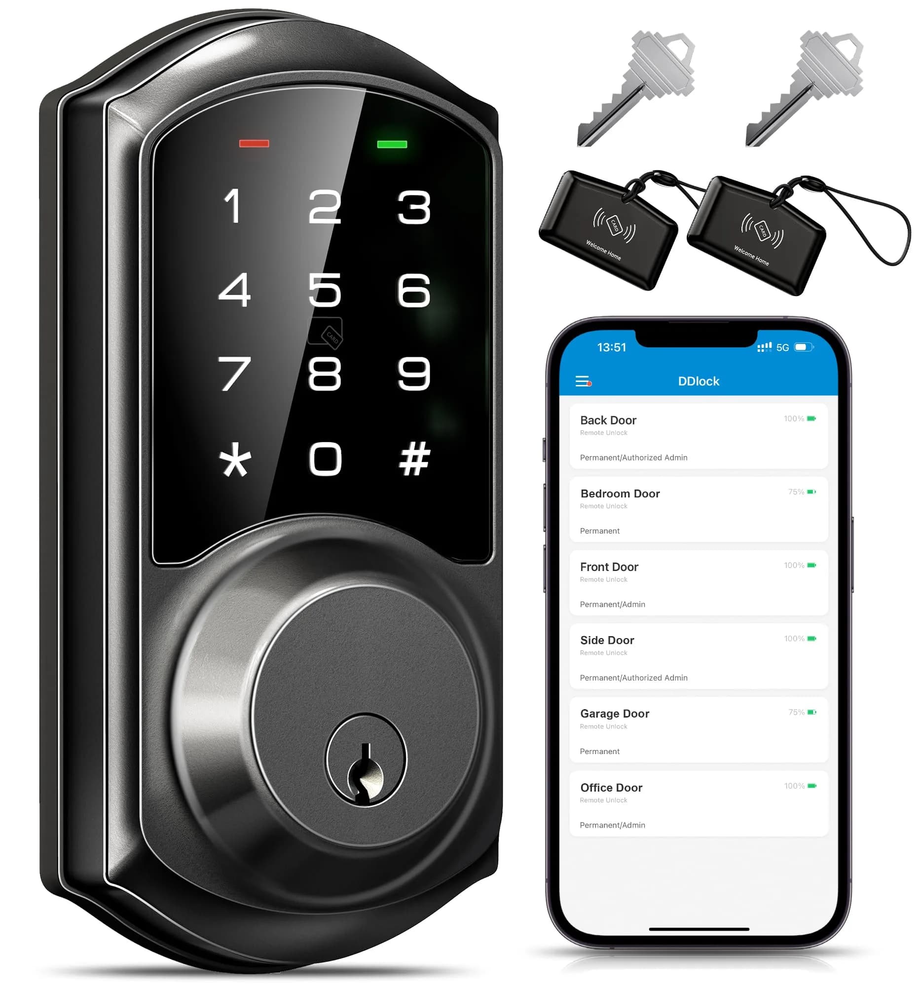 Veise VE06 Smart Lock for Front Door | App Control, Matte Black, Keypad, IP54 Water Resistance — Matte Black