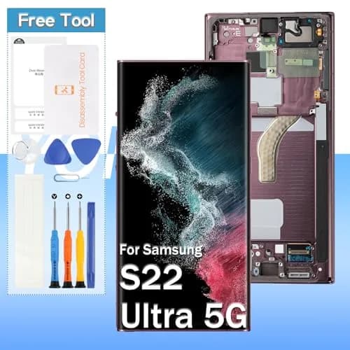 Yondista Samsung Galaxy S22 Ultra 5G Screen Replacement 6.8" AMOLED SM-G908a, SM-S908u, SM-S908w LCD Display Touch Digitizer Assembly with Tools (Burgundy with Frame) thumbnail 1