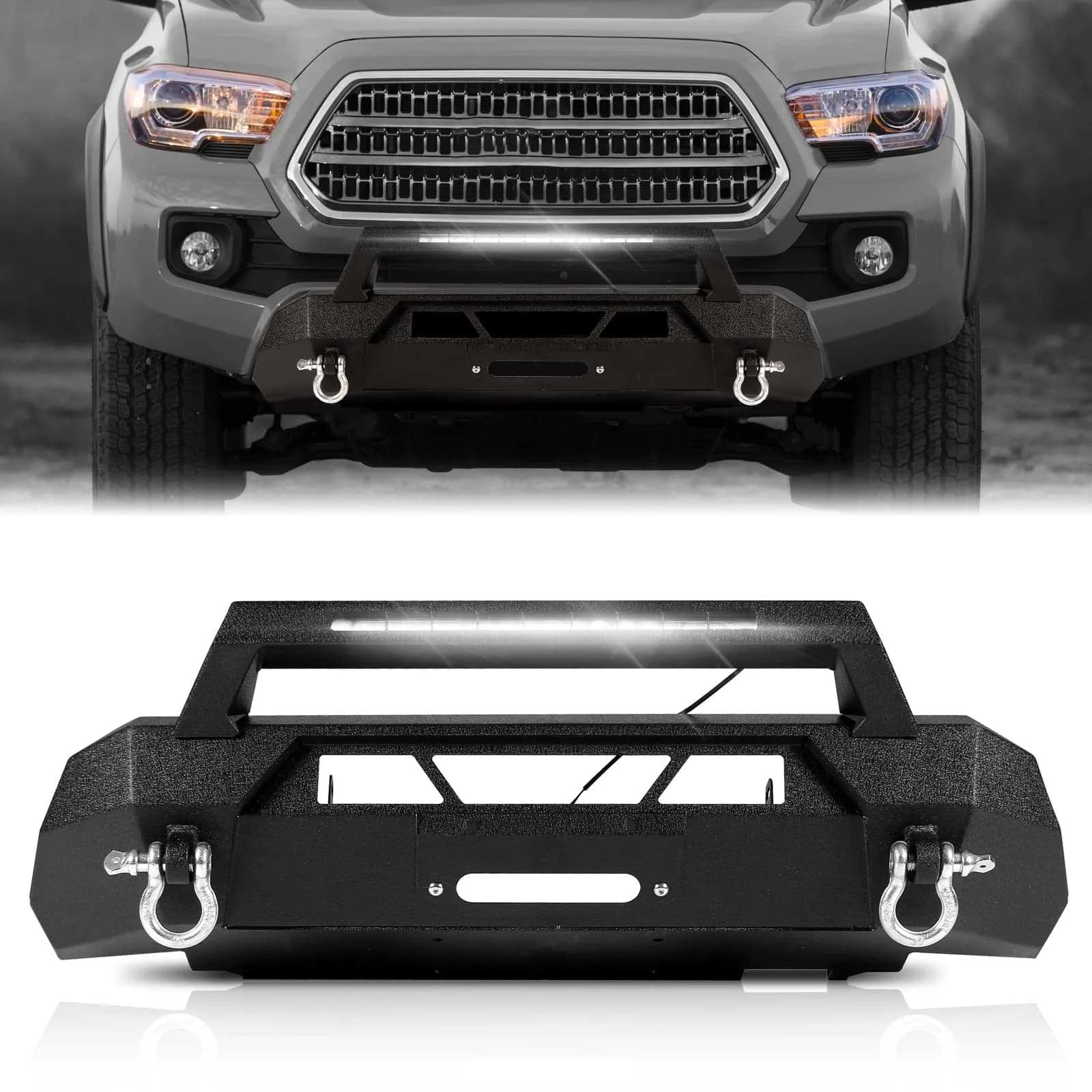 Peforway Stubby Front Bumper for Toyota Tacoma 2016-2023 | Heavy Duty Steel, Winch Plate & LED Light Bar