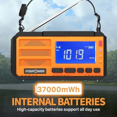 FosPower D8 Emergency Weather Radio 37000mWh (10000mAh) Power Bank, AM/FM/NOAA, Solar/Crank/USB Charging, SOS Alarm & Flashlight (Orange) thumbnail 3